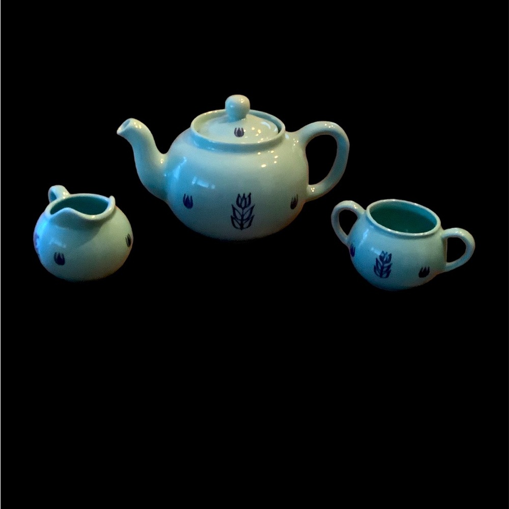 Vintage, blue tulip Cronin Pottery Teapot with sugar and creamer